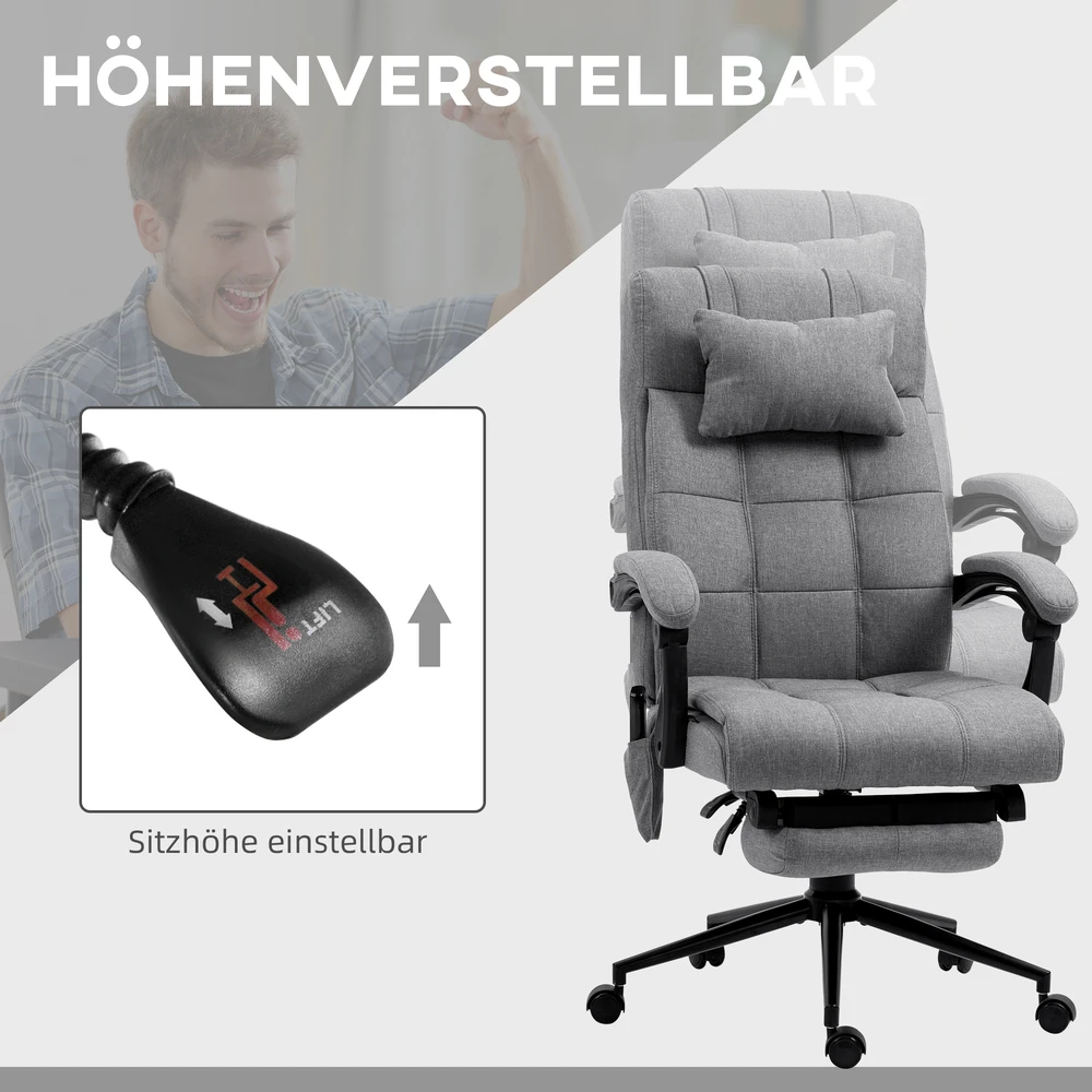 "Vinsetto" biuro kėdė su masažo funkcija, ergonomiška darbo kėdė su atlošimo funkcija, juosmens šildymu, reguliuojamo aukščio kompiuterio kėdė su galvos atrama, kojų atrama, pilka