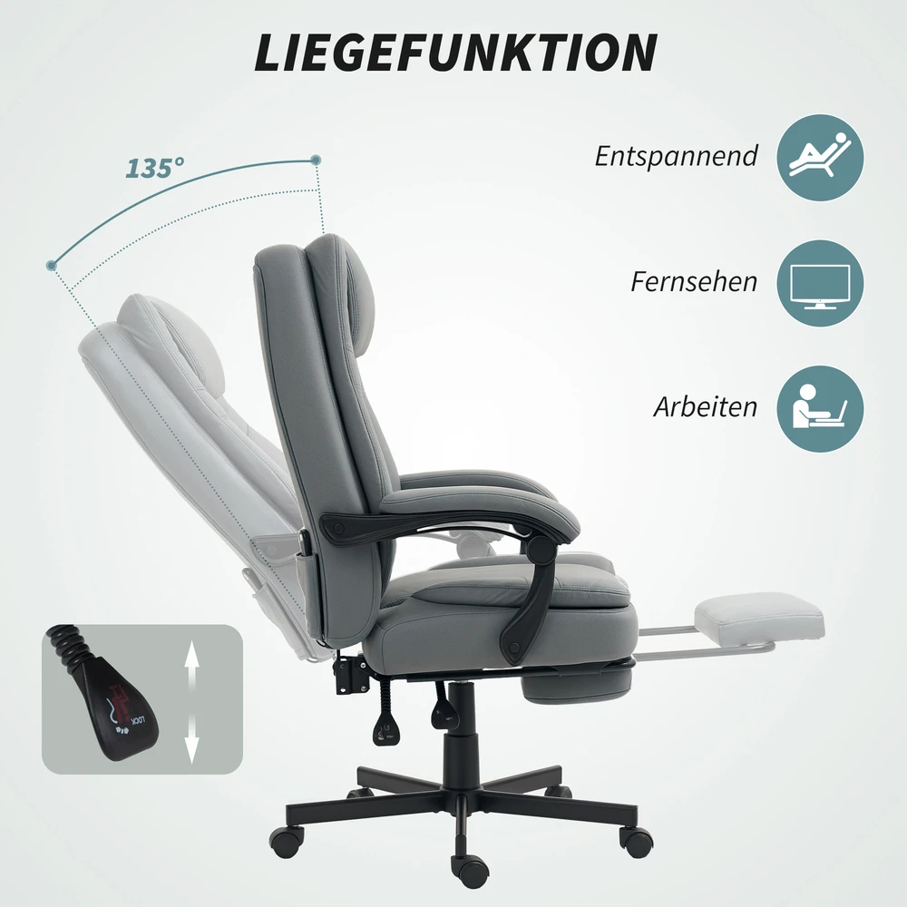 HOMCOM biuro kėdė su masažo funkcija, ergonomiška darbo kėdė su atlošimo funkcija, reguliuojamo aukščio pasukama kėdė su kojų atrama, pilka