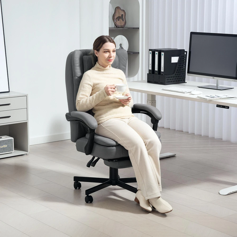 HOMCOM biuro kėdė su masažo funkcija, ergonomiška darbo kėdė su atlošimo funkcija, reguliuojamo aukščio pasukama kėdė su kojų atrama, pilka