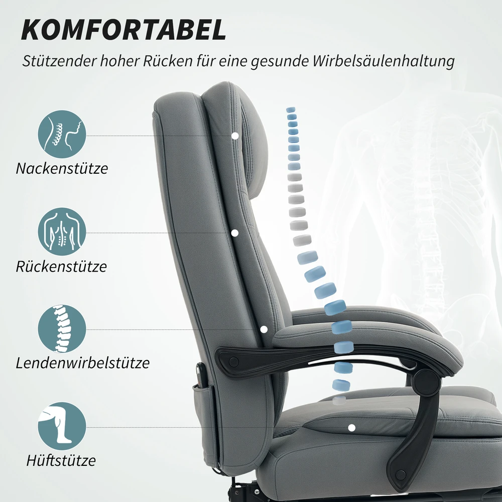 HOMCOM biuro kėdė su masažo funkcija, ergonomiška darbo kėdė su atlošimo funkcija, reguliuojamo aukščio pasukama kėdė su kojų atrama, pilka
