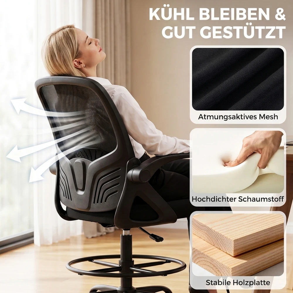 Biuro kėdė su reguliuojama juosmens atrama ir kojų žiedu, juoda, 65 × 59 × 104–124 cm