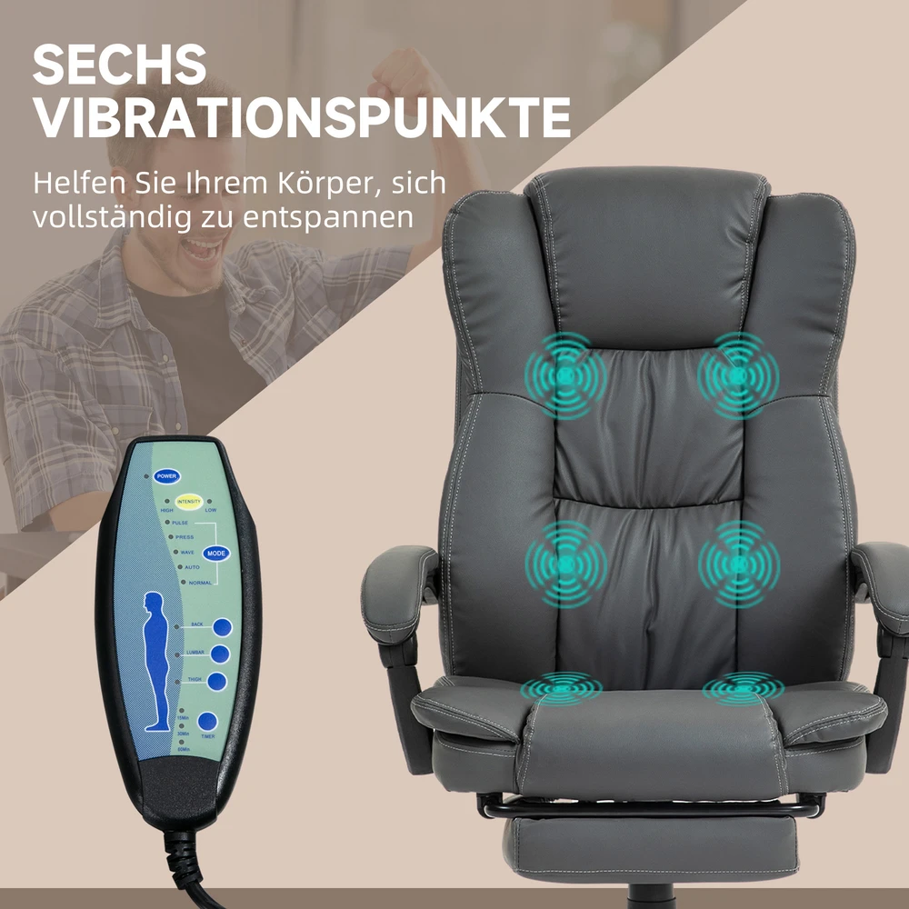 Vinsetto biuro kėdė, vadovo kėdė, pasukama kėdė, reguliuojamo aukščio, su kojų atrama, galvos atrama, ergonomiška kėdė, vibruojanti, darbo kėdė su atlošimo funkcija, masažo funkcija, dirbtinė oda, tamsiai pilka, 68,5x68,5x113-121 cm