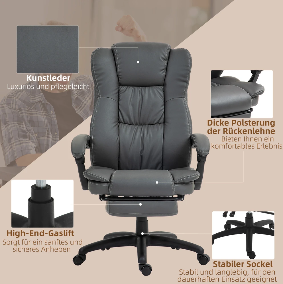 Vinsetto biuro kėdė, vadovo kėdė, pasukama kėdė, reguliuojamo aukščio, su kojų atrama, galvos atrama, ergonomiška kėdė, vibruojanti, darbo kėdė su atlošimo funkcija, masažo funkcija, dirbtinė oda, tamsiai pilka, 68,5x68,5x113-121 cm