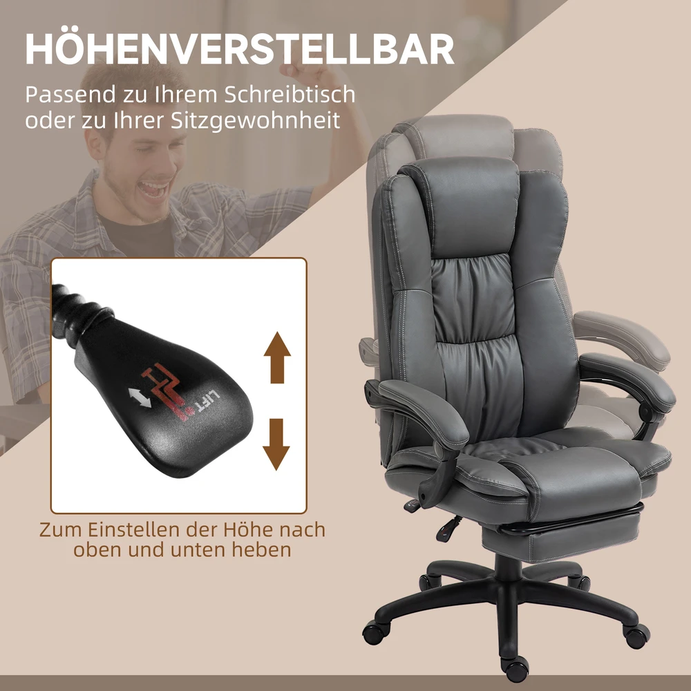 Vinsetto biuro kėdė, vadovo kėdė, pasukama kėdė, reguliuojamo aukščio, su kojų atrama, galvos atrama, ergonomiška kėdė, vibruojanti, darbo kėdė su atlošimo funkcija, masažo funkcija, dirbtinė oda, tamsiai pilka, 68,5x68,5x113-121 cm