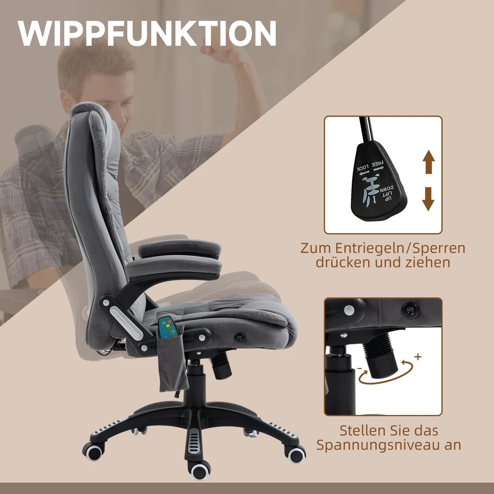 "Vinsetto" biuro kėdė su supimo funkcija, masažo kėdė su šilumos funkcija, ergonomiška, reguliuojamo aukščio, 120 kg svorio, pakraunama tamsiai pilka