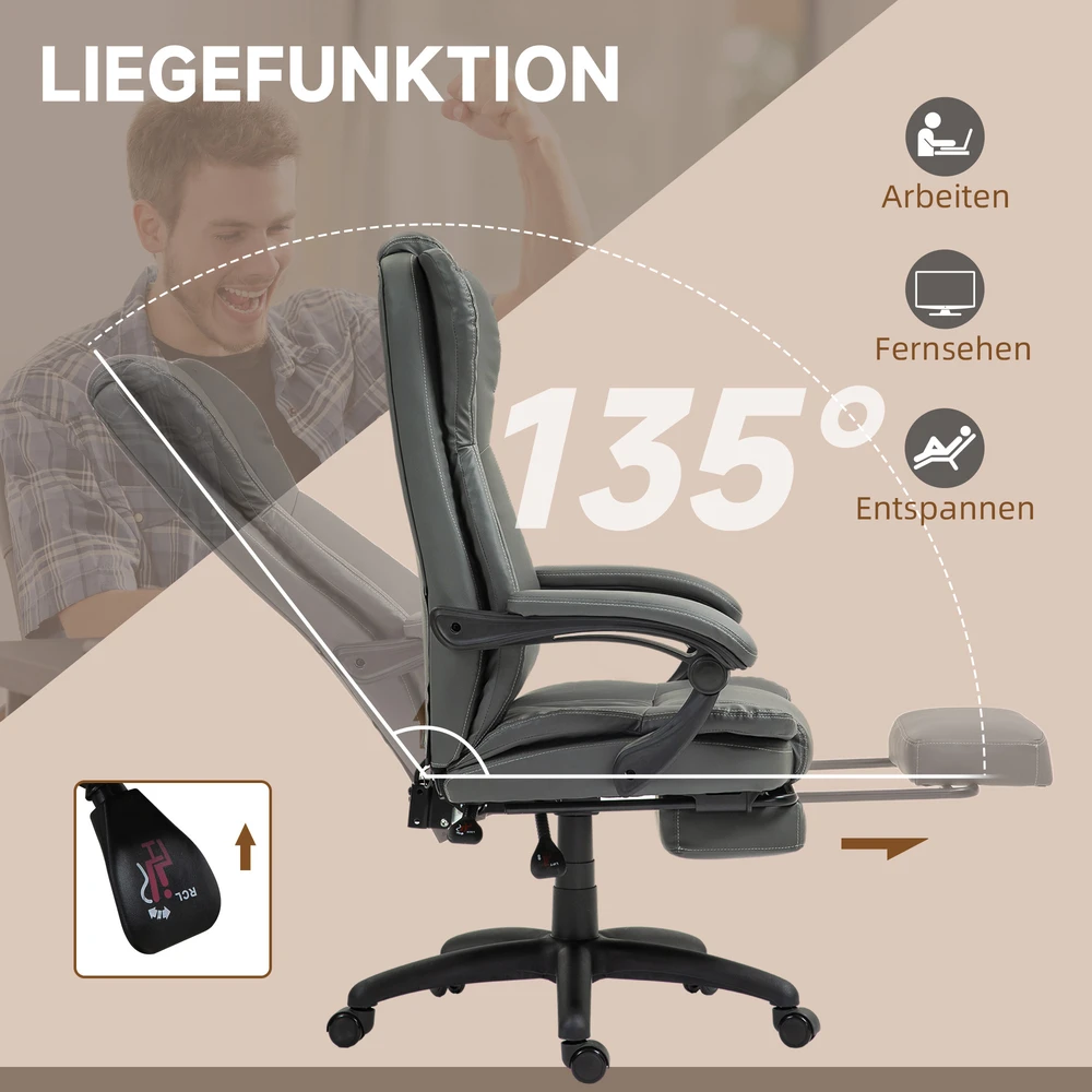 Vinsetto biuro kėdė, vadovo kėdė, pasukama kėdė, reguliuojamo aukščio, su kojų atrama, galvos atrama, ergonomiška kėdė, vibruojanti, darbo kėdė su atlošimo funkcija, masažo funkcija, dirbtinė oda, tamsiai pilka, 68,5x68,5x113-121 cm