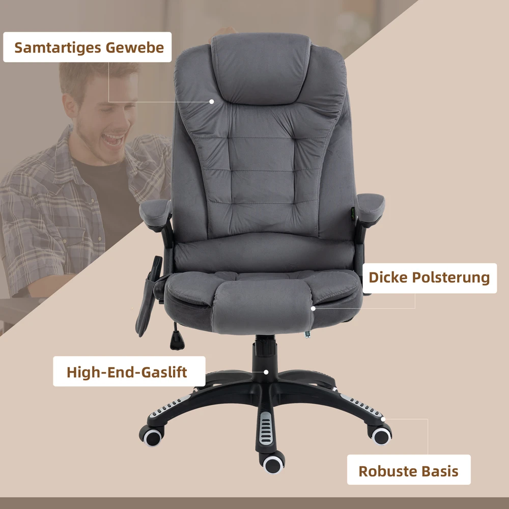 "Vinsetto" biuro kėdė su supimo funkcija, masažo kėdė su šilumos funkcija, ergonomiška, reguliuojamo aukščio, 120 kg svorio, pakraunama tamsiai pilka