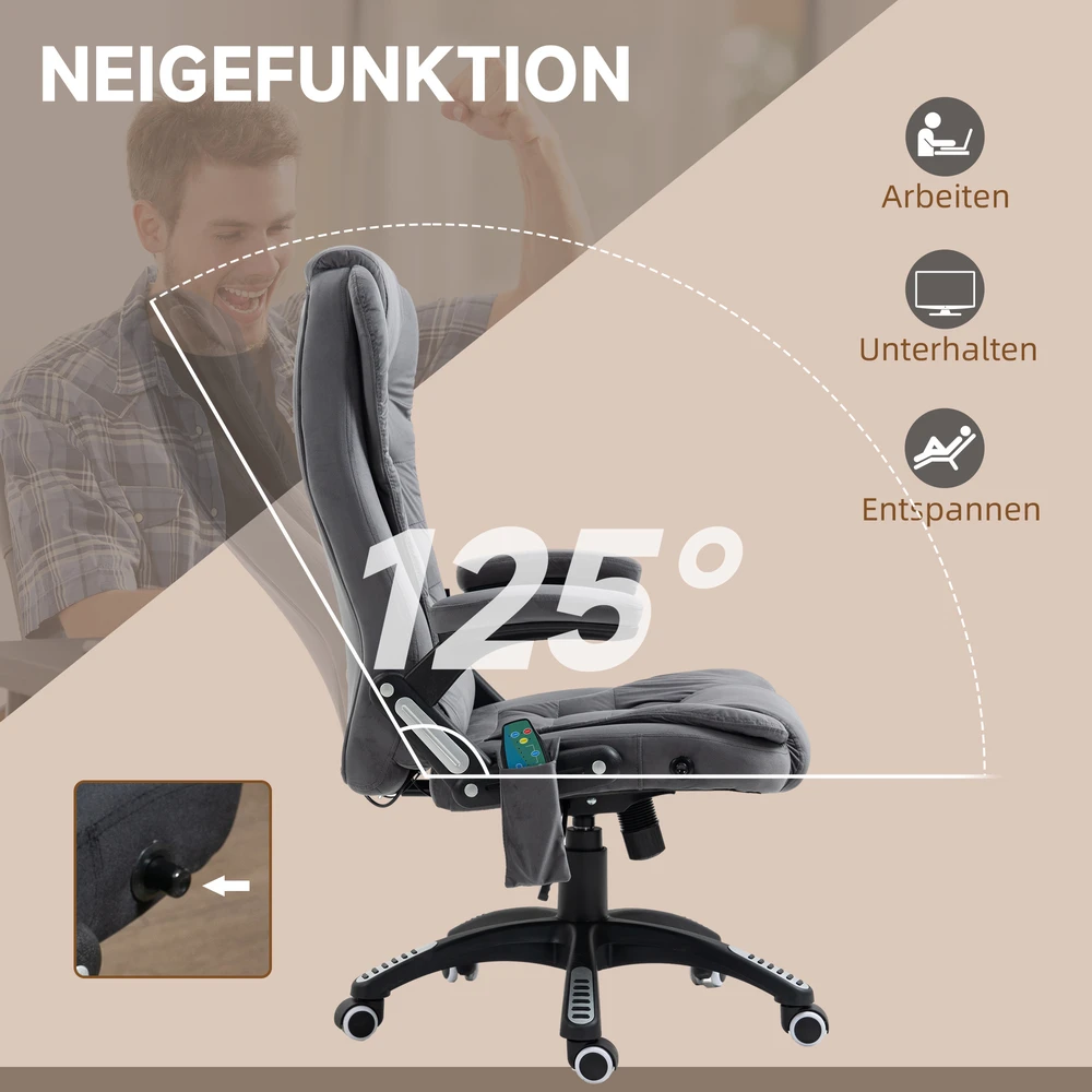 "Vinsetto" biuro kėdė su supimo funkcija, masažo kėdė su šilumos funkcija, ergonomiška, reguliuojamo aukščio, 120 kg svorio, pakraunama tamsiai pilka