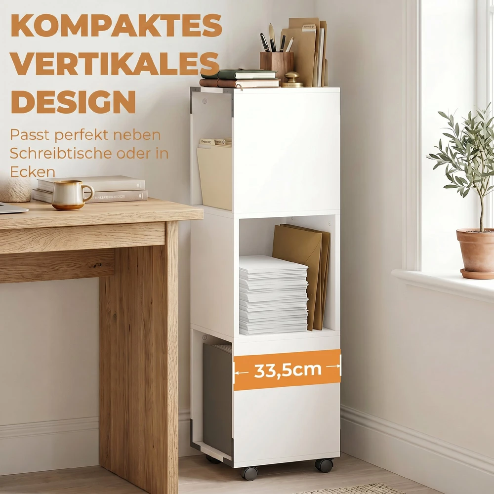 Biuro komoda su 3 atviromis lentynomis ir ratukais su 2 stabdžiais, balta, 33,5 × 33,5 × 111 cm