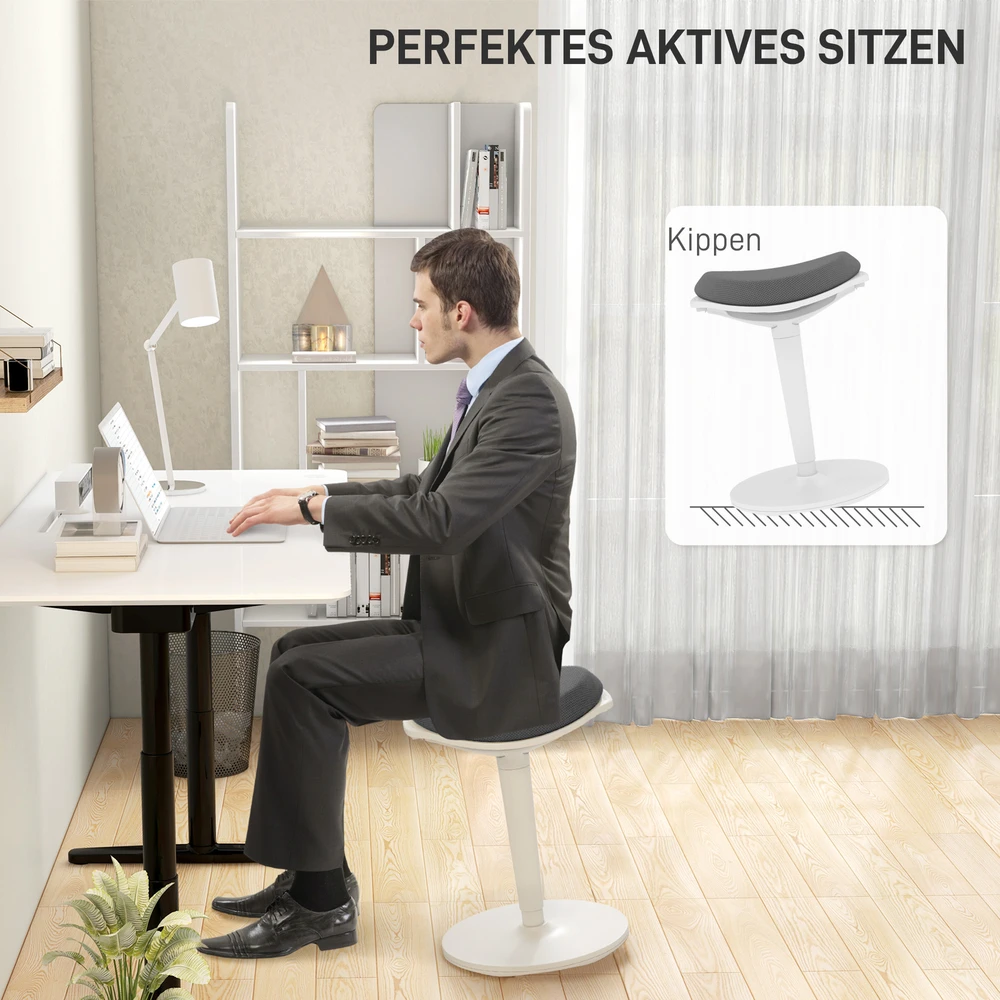 HOMCOM taburetė, ergonomiška biuro taburetė, 56,5-71,5 cm reguliuojamo aukščio darbo taburetė, pasukama kėdė biurui, kabinetui, tinklinė, pilka