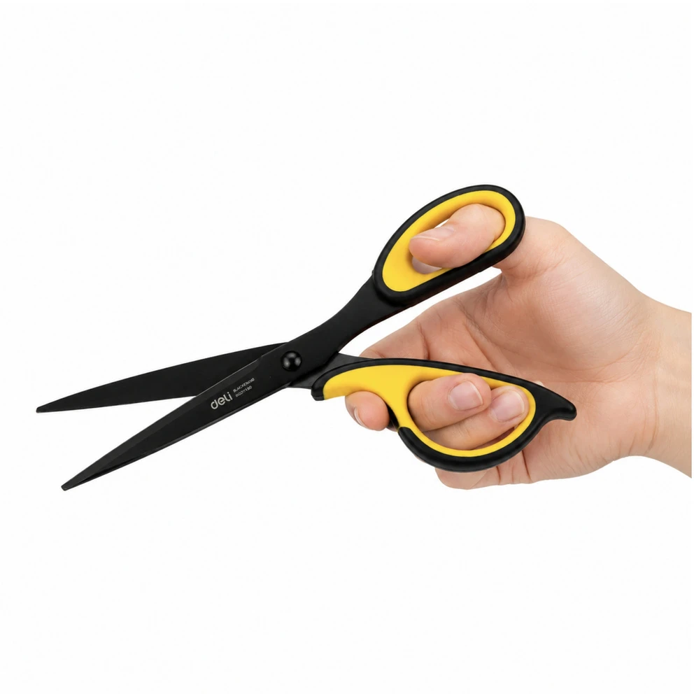 Lean Biuro žirklės su nerūdijančiojo plieno ašmenimis, juodos ir geltonos, 18,4 cm