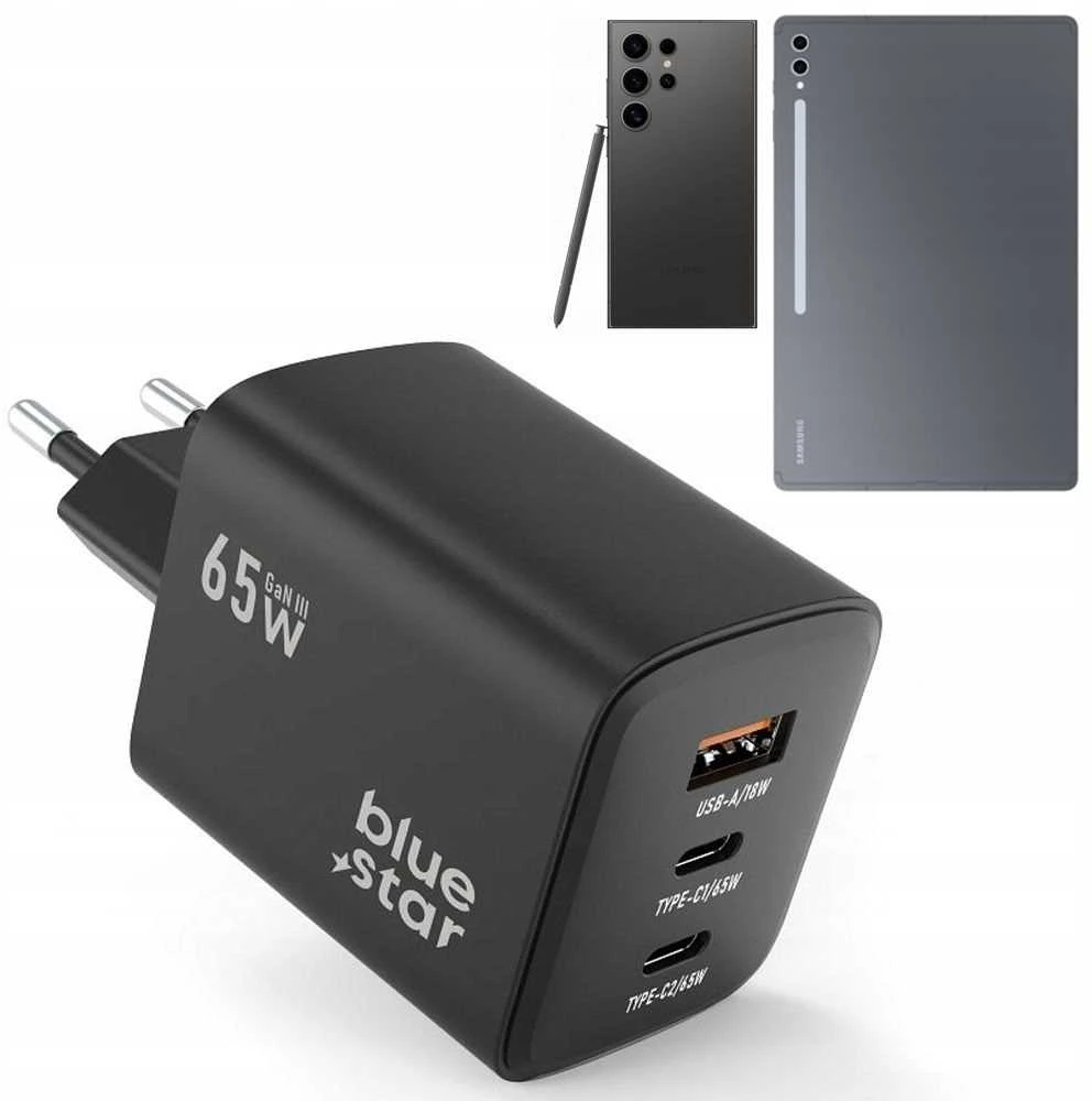 BlueStar Telefono įkroviklis Blue Star GaN 2 x USB C + USB A QC4.0 PD 4A 65W VT-43 juodas