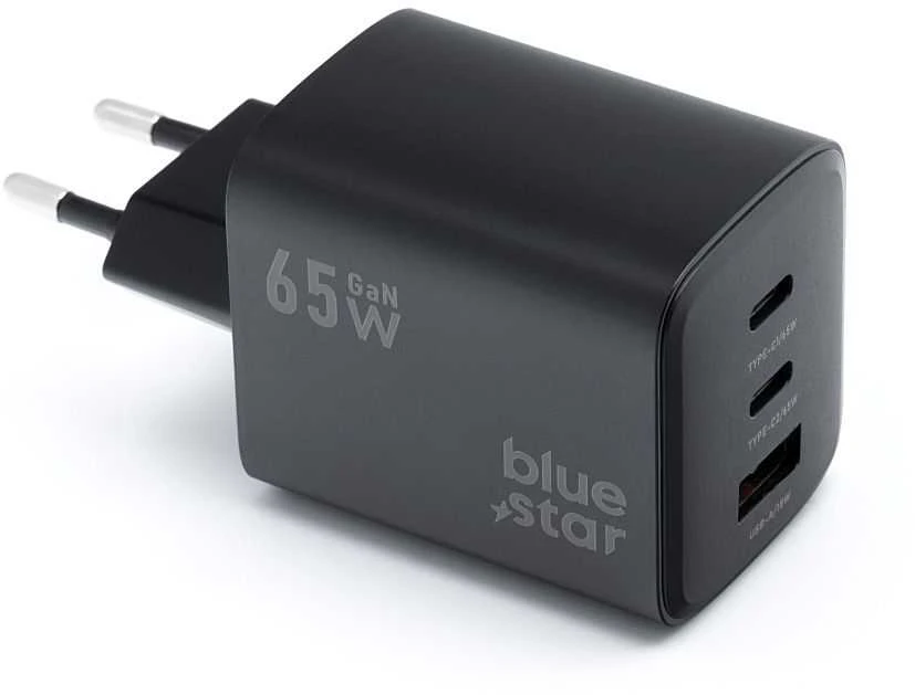 BlueStar Telefono įkroviklis Blue Star GaN 2 x USB C + USB A QC4.0 PD 4A 65W VT-43 juodas