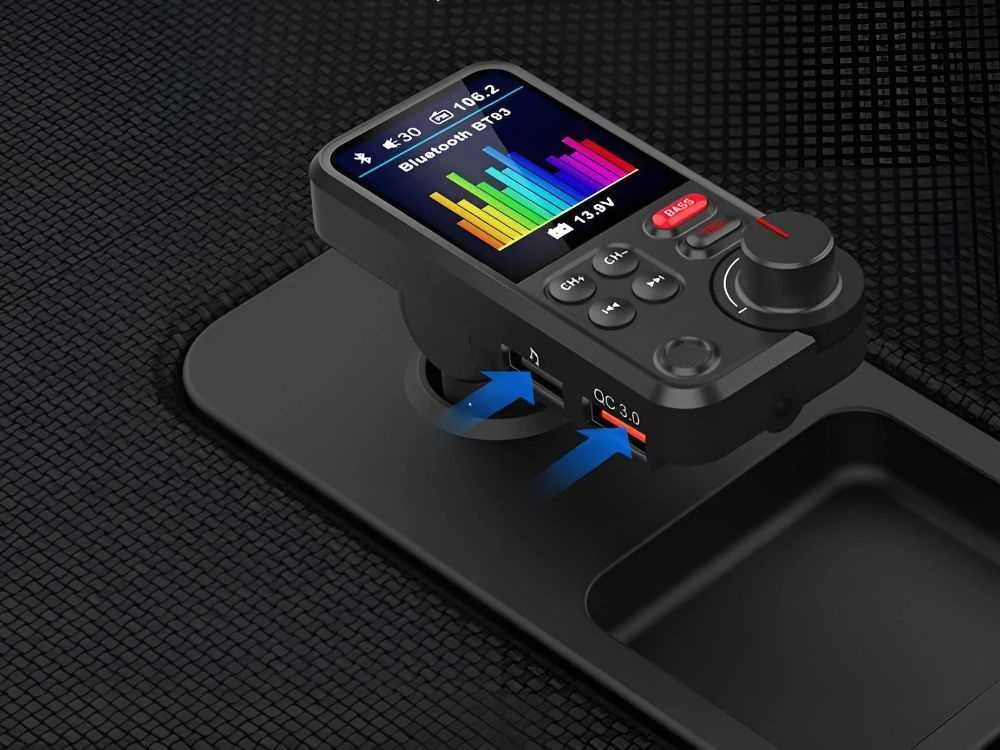 Bluetooth FM moduliatorius su USB įkrovikliu ir laisvų rankų įranga