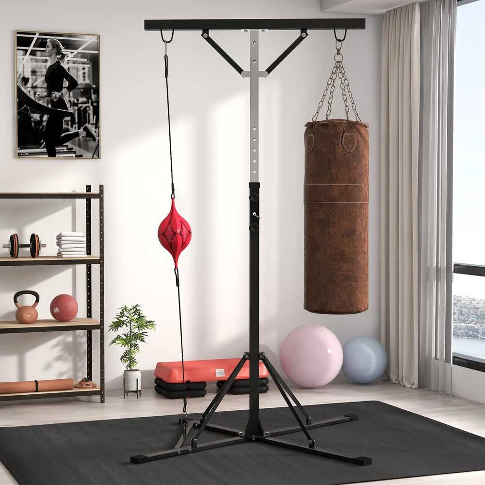 SPORTNOW reguliuojamo aukščio bokso maišo stovas, laisvai pastatomas bokso maišo laikiklis su greičio kamuoliu, keliamoji galia iki 60 kg, plienas, juodas | Aosom