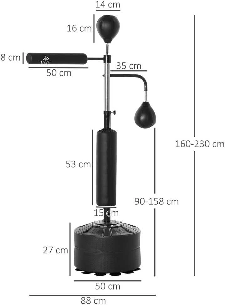 HOMCOM bokso stovas su 2 greičio kamuoliais, refleksiniu strypu ir siurbtuko pagrindu, reguliuojamo aukščio 160-230 cm, juodas