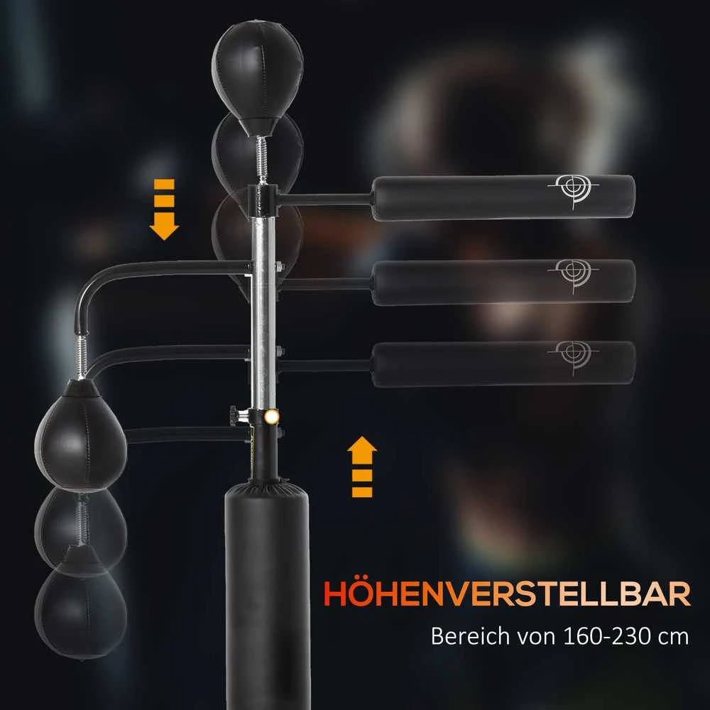 HOMCOM bokso stovas su 2 greičio kamuoliais, refleksiniu strypu ir siurbtuko pagrindu, reguliuojamo aukščio 160-230 cm, juodas