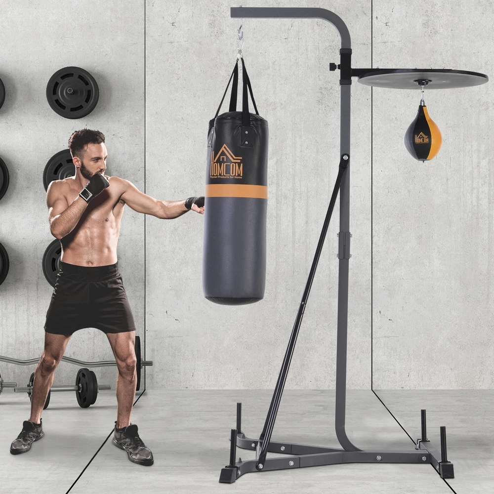 "HOMCOM" Bokso maišo stovas "2-in-1" su 20 kg bokso maišu ir bokso kamuoliu, laisvai pastatoma bokso stotelė, reguliuojamas aukštis, iki 100 kg, plienas