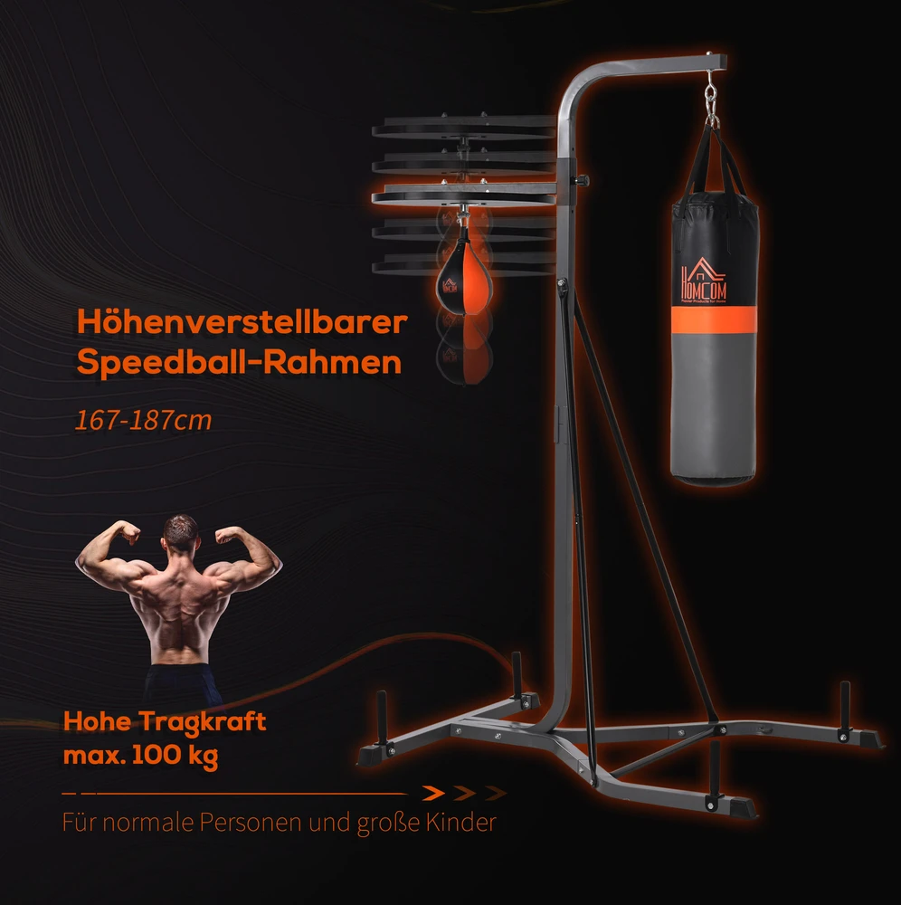 "HOMCOM" Bokso maišo stovas "2-in-1" su 20 kg bokso maišu ir bokso kamuoliu, laisvai pastatoma bokso stotelė, reguliuojamas aukštis, iki 100 kg, plienas