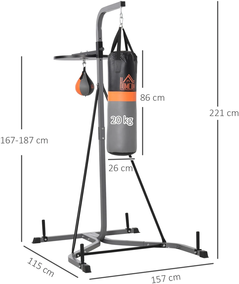 "HOMCOM" Bokso maišo stovas "2-in-1" su 20 kg bokso maišu ir bokso kamuoliu, laisvai pastatoma bokso stotelė, reguliuojamas aukštis, iki 100 kg, plienas