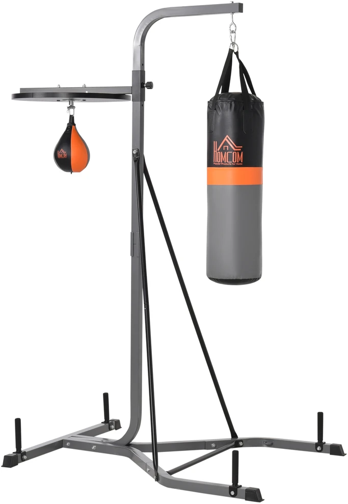 "HOMCOM" Bokso maišo stovas "2-in-1" su 20 kg bokso maišu ir bokso kamuoliu, laisvai pastatoma bokso stotelė, reguliuojamas aukštis, iki 100 kg, plienas