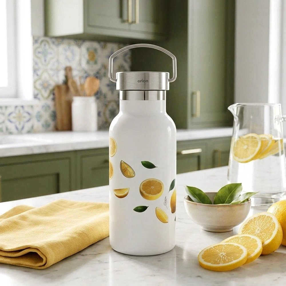 Butelio formos termosas 400 ml, baltas su citrusų motyvu, 7,5 × 7,5 × 17,5 cm