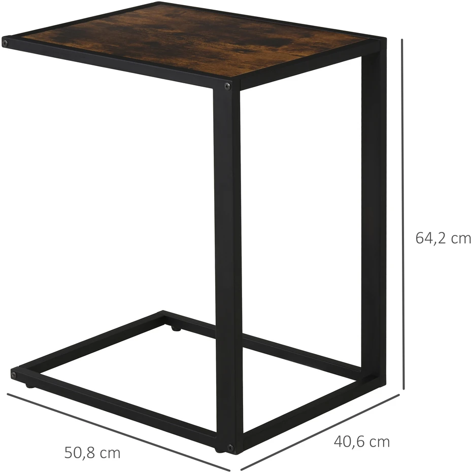 HOMCOM C-formos šoninis staliukas, kavos staliukas, svetainės staliukas, metalinis, MDF, kaimiška ruda spalva, 40,6 x 50,8 x 64,2 cm