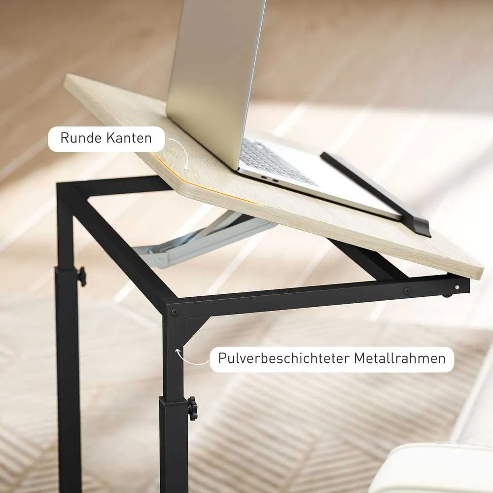 HOMCOM C-formos šoninis staliukas, reguliuojamo aukščio kavos staliukas su ratukais, sofos staliukas, nešiojamojo kompiuterio stalas mažiems kambariams, svetainei, 55 x 36 x 62,5-82,5 cm, baltas