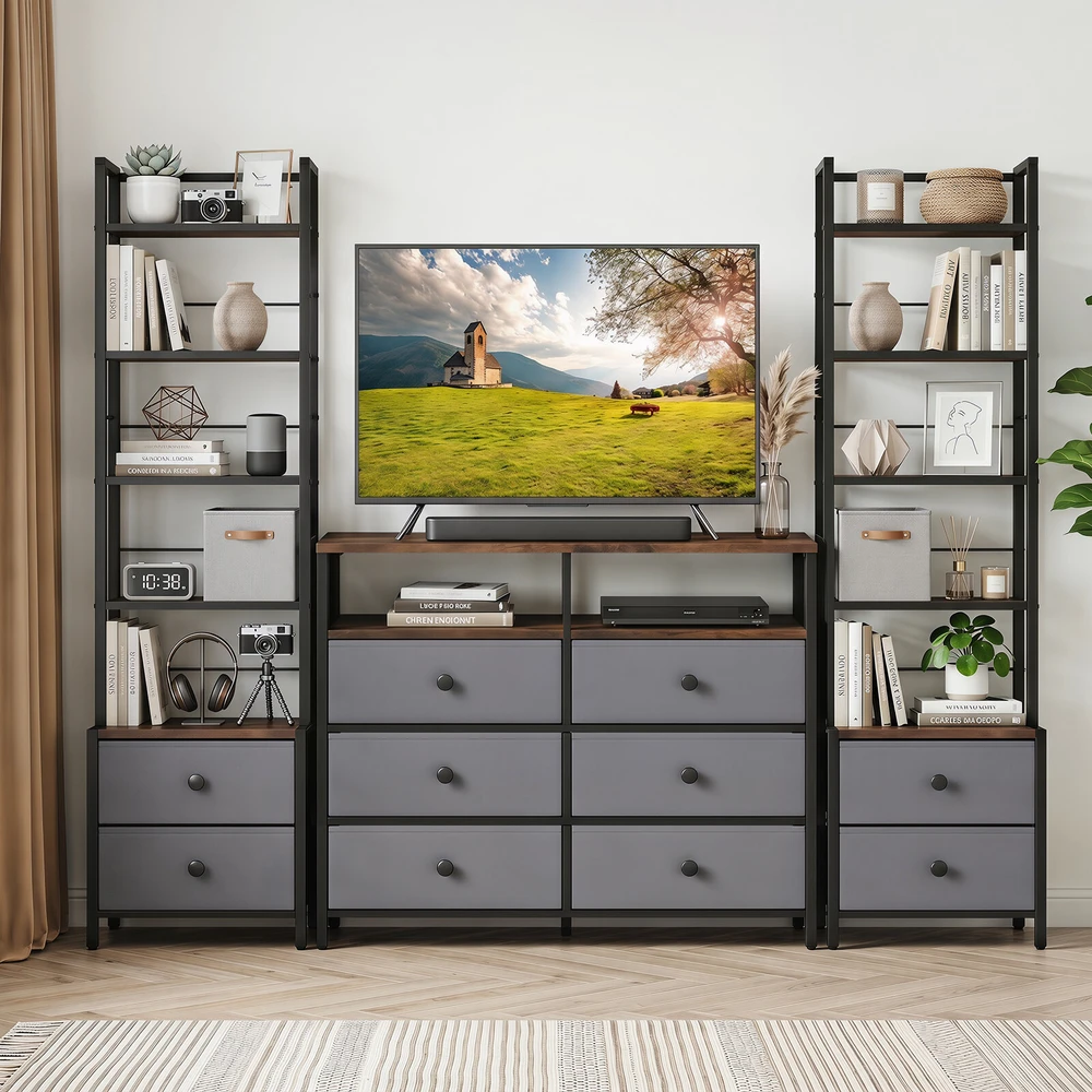 CD lentyna su 5 lentynomis ir 2 stalčiais, rusvai ruda, juoda ir pilka, 40 x 30 x 144 cm