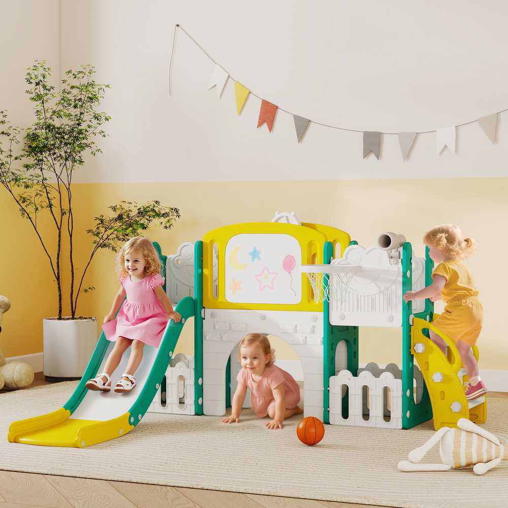 AIYAPLAY 7-in-1 čiuožyklų komplektas mažyliams, krepšinio lankas, varlės dizainas, laipynė, sūpynės, patalpoms ir laukui, geltona+žalia