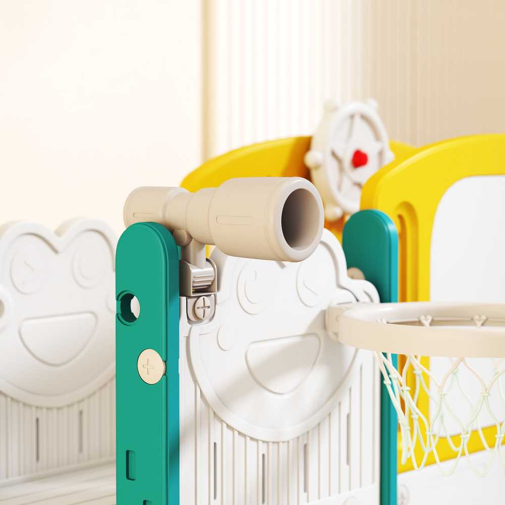AIYAPLAY 7-in-1 čiuožyklų komplektas mažyliams, krepšinio lankas, varlės dizainas, laipynė, sūpynės, patalpoms ir laukui, geltona+žalia