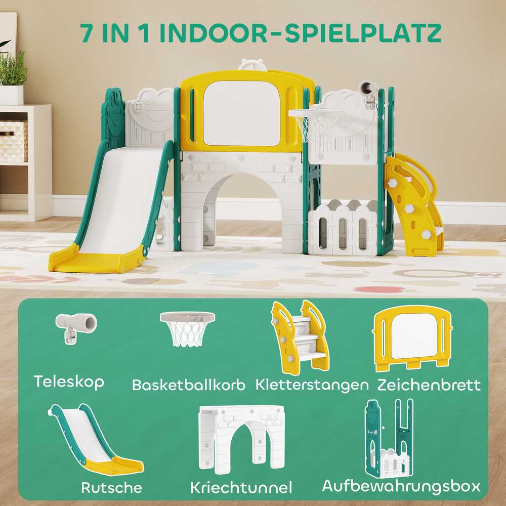 AIYAPLAY 7-in-1 čiuožyklų komplektas mažyliams, krepšinio lankas, varlės dizainas, laipynė, sūpynės, patalpoms ir laukui, geltona+žalia
