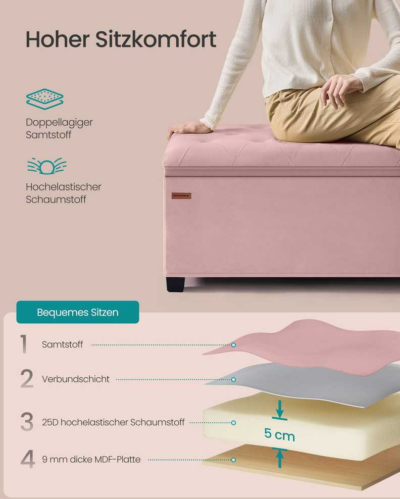 Songmics Taburetė su daiktadėže 40 x 110 x 40 cm pastelinės rožinės spalvos