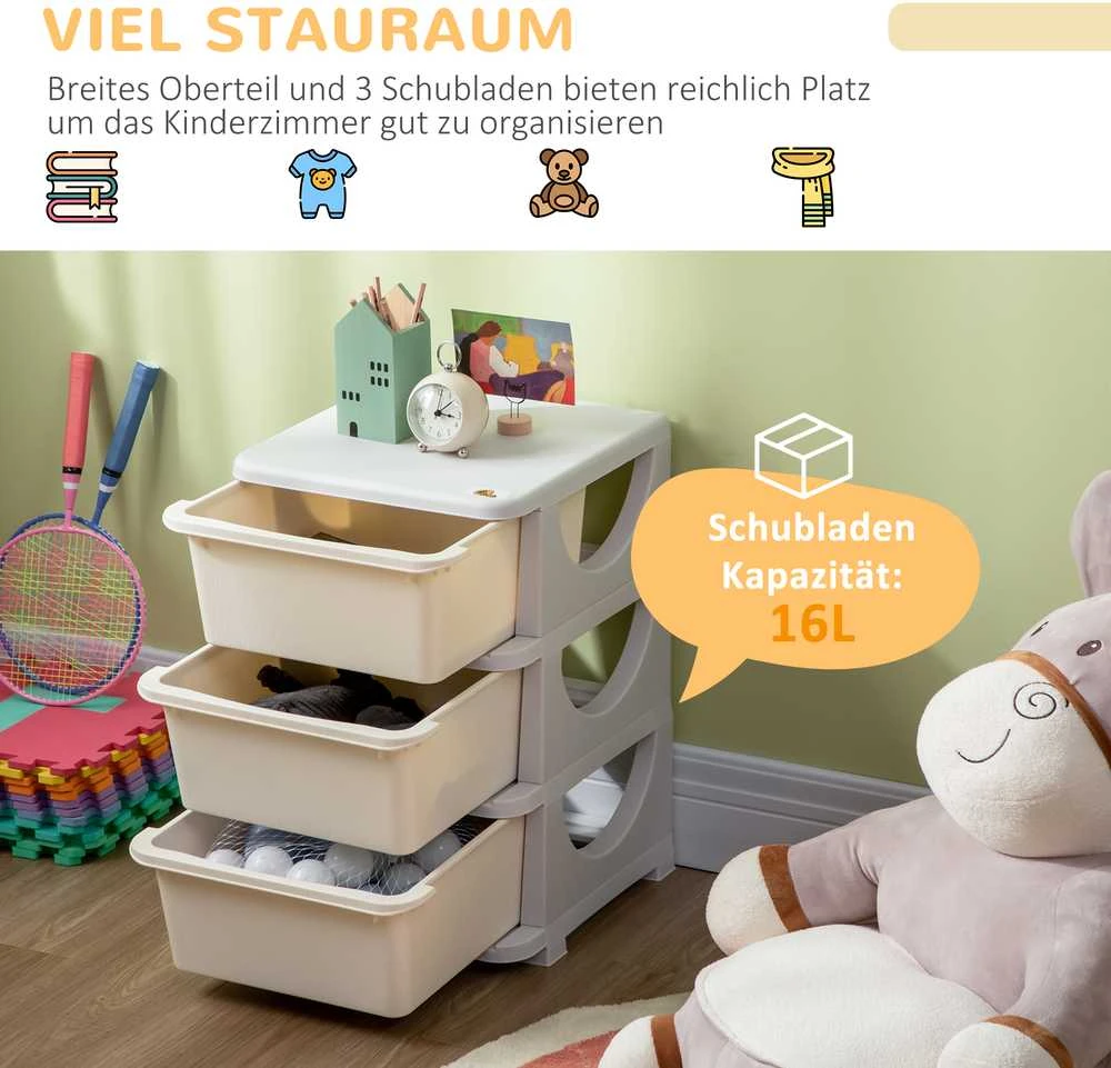 HOMCOM vaikiška komoda su stalčiais, žaislų dėžėmis ir organizatoriumi, trijų lygių, skirta vaikų kambariui, 3–6 metų vaikams, vaikiški baldai, kreminė balta, 37 x 37 x 56,5 cm