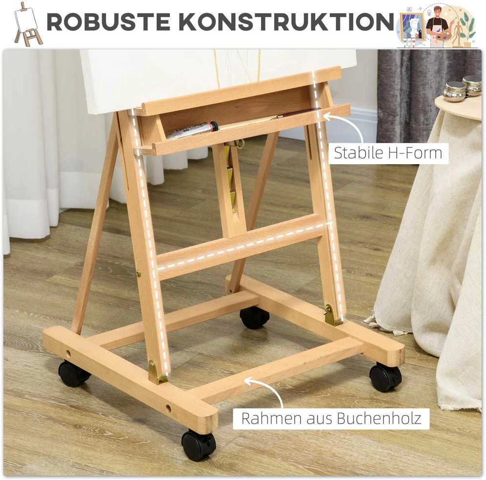 Vinsetto molbertas, pastatomas molbertas iš buko medienos, sulankstomas su ratukais, reguliuojamo aukščio stovas drobėms