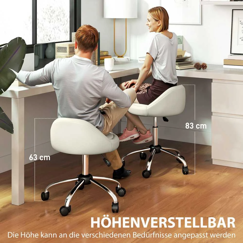 HOMCOM kėdė su ratukais, reguliuojamo aukščio darbinė kėdė 63-83 cm, besisukanti kėdė su ratukais, saloninė kėdė, dirbtinė oda, balta