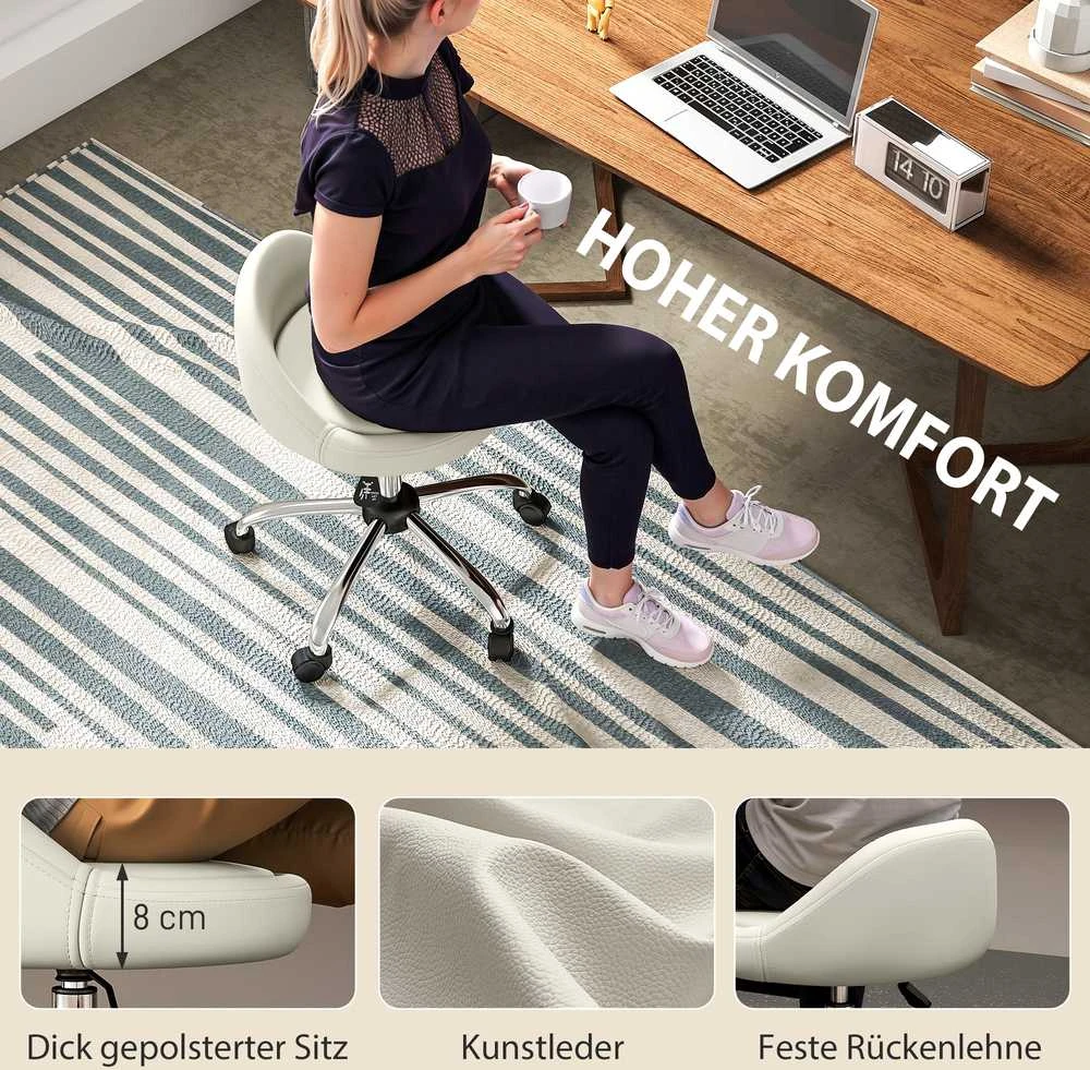 HOMCOM kėdė su ratukais, reguliuojamo aukščio darbinė kėdė 63-83 cm, besisukanti kėdė su ratukais, saloninė kėdė, dirbtinė oda, balta