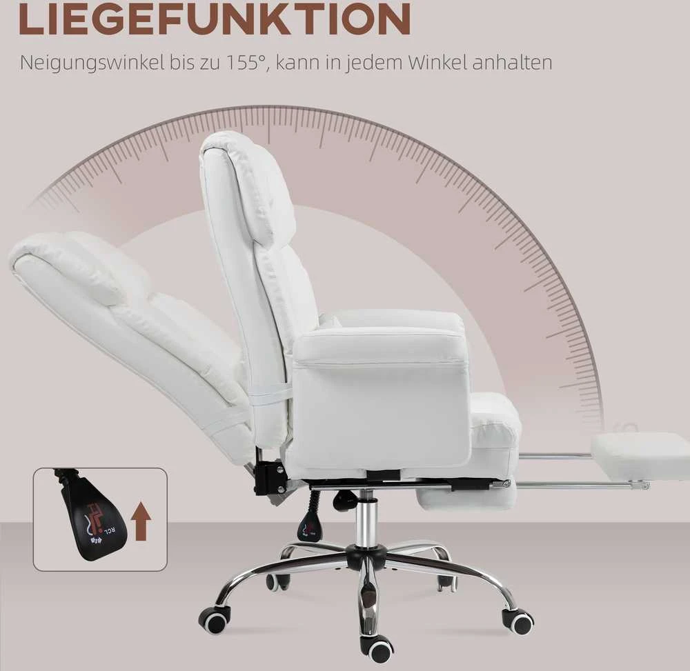 HOMCOM biuro kėdė, ergonomiška rašomojo stalo kėdė su atsilenkimo funkcija, juosmens pagalvėle, reguliuojamo aukščio kompiuterio kėdė su kojų atrama, sukimosi funkcija, skirta namų biurui, dirbtinė oda, balta