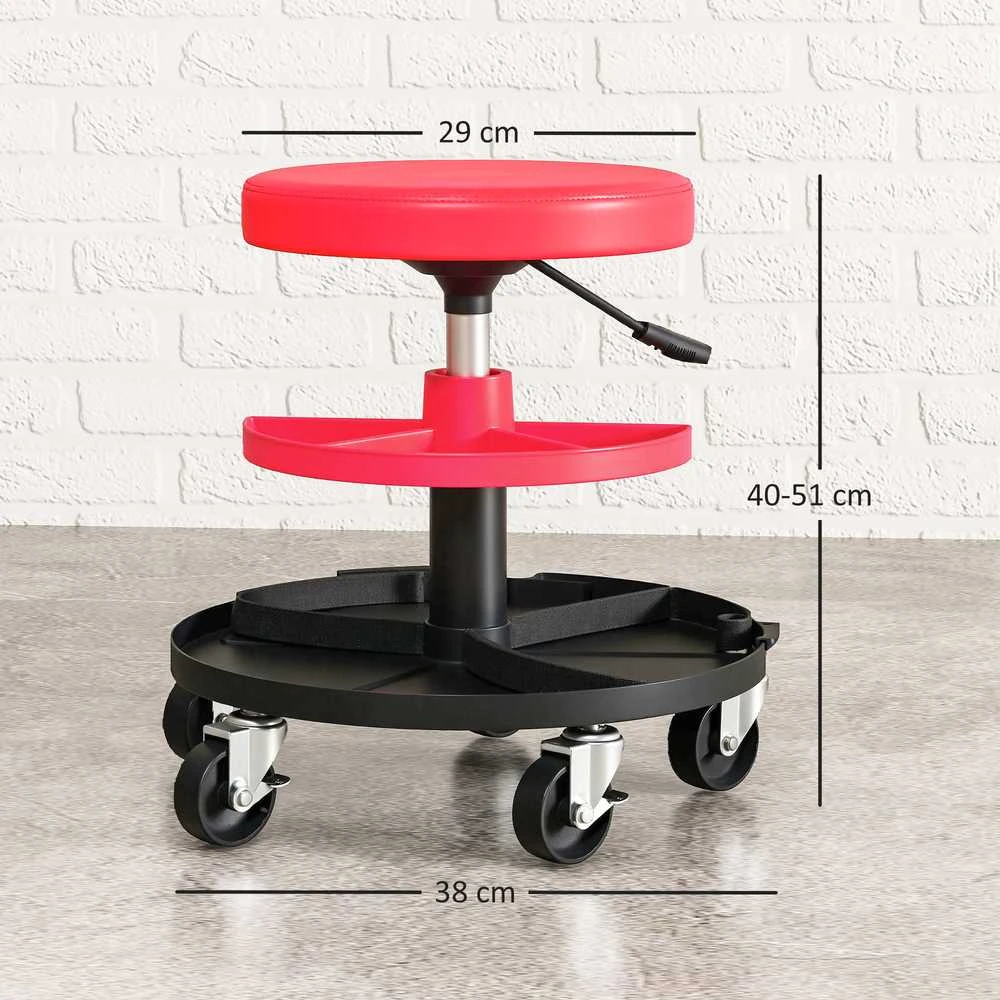 HOMCOM dirbtuvių kėdutė su ratukais ir padėklais, reguliuojamo aukščio 40-51 cm, keliamoji galia iki 135 kg, besisukanti, darbo kėdutė, Ø38 cm, raudona