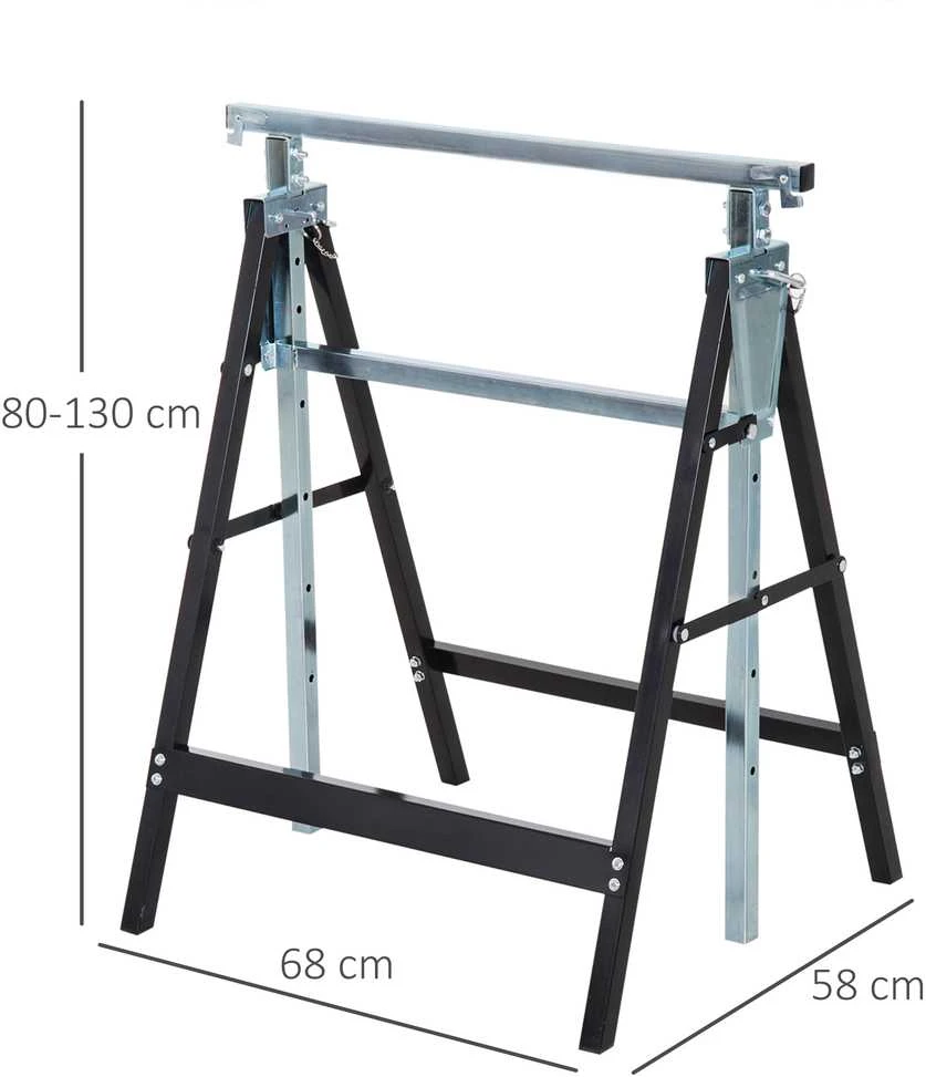 HOMCOM 2 x statybiniai ožiai, reguliuojamo aukščio iki 200 kg, plieniniai, juodi, 68 x 58 x 80-130 cm