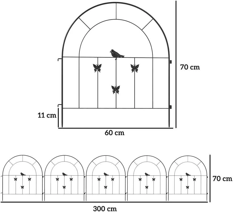Outsunny sodo tvora, plieninė, 300 cm x 70 cm, dekoratyvinė grotelių tvoros sistema, tvoros elementai, šunų tvora, arkiniu viršumi, kraštovaizdžio tvora sodui, gėlynams, augintinių užtvara, lauko, juoda