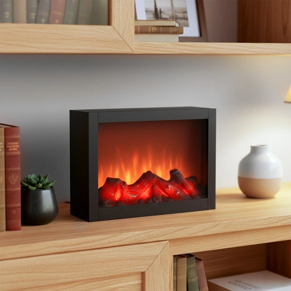 BigBuy Elektrinis židinys LED apšvietimu juodas 29x23 cm
