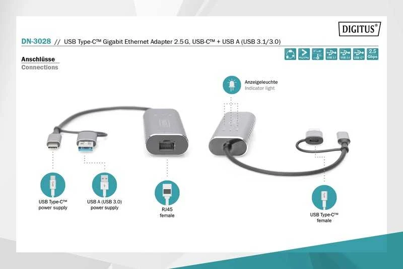 „Assmann“ elektroninis DIGITUS USB3.0 / USB C 3.1–2.5G eterneto adapteris