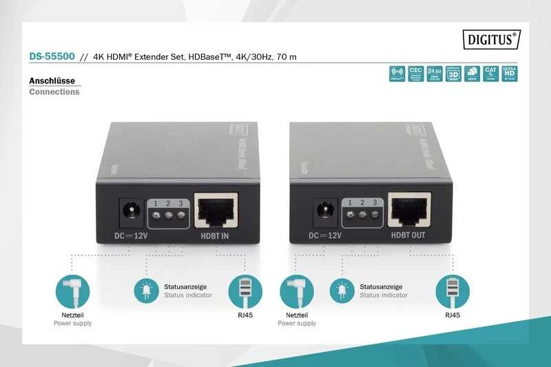 Assmann Electronic DIGITUS 4K HDMI prailginimo rinkinys HDBaseT 70 m per tinklo kabelį Cat 5E 6 7 UHD 4K2K/30 Hz