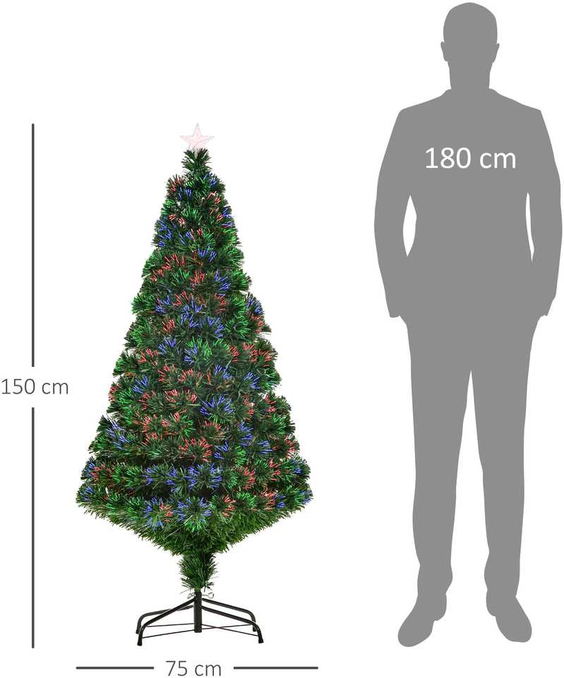 Dirbtinė Kalėdų eglutė HOMCOM, šviečianti LED šviesolaidžiais, su metaliniu stovu, keičianti spalvas, žalia, 150 cm