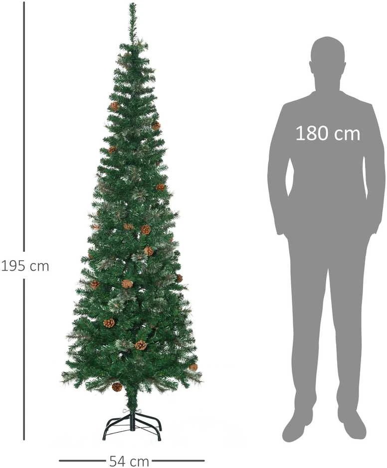 Dirbtinė kalėdinė eglutė HOMCOM, 195 cm, 556 šakelės, 25 kankorėžiai, su sulankstomu metaliniu stovu, kalėdiniam dekorui, žalia