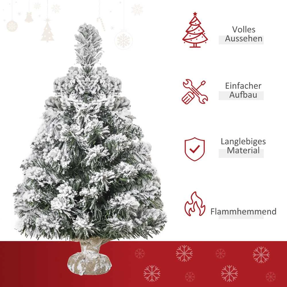 HOMCOM mini dirbtinė Kalėdų eglutė 60 cm, apsnigta, 67 šakelės, cementinis pagrindas, skirta patalpoms ir biurui