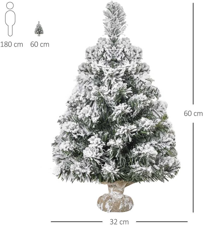 HOMCOM mini dirbtinė Kalėdų eglutė 60 cm, apsnigta, 67 šakelės, cementinis pagrindas, skirta patalpoms ir biurui