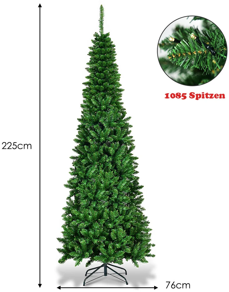Dirbtinė kalėdinė eglutė, siaura, su LED apšvietimu, žalia, 225 cm