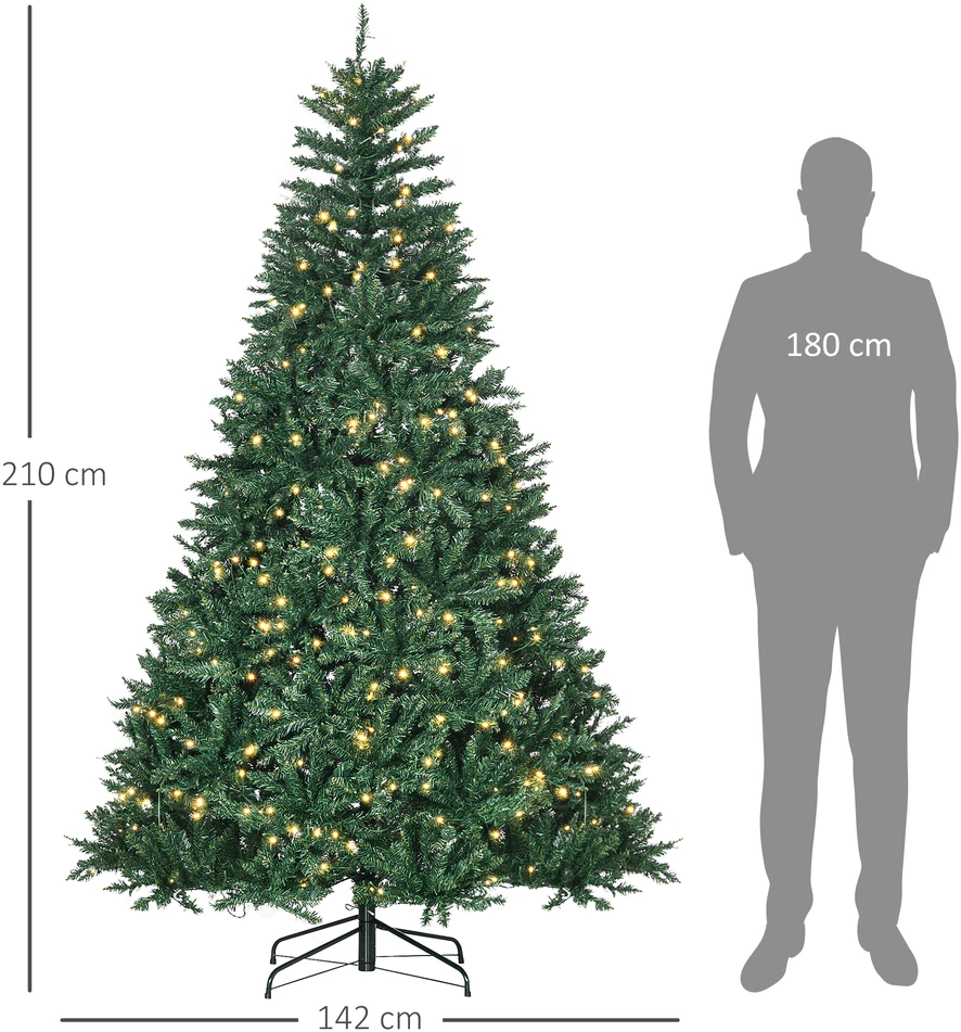 Homcom Dirbtinė kalėdinė eglutė su 700 šiltai baltų LED lempučių, žalia, 142 × 210 cm